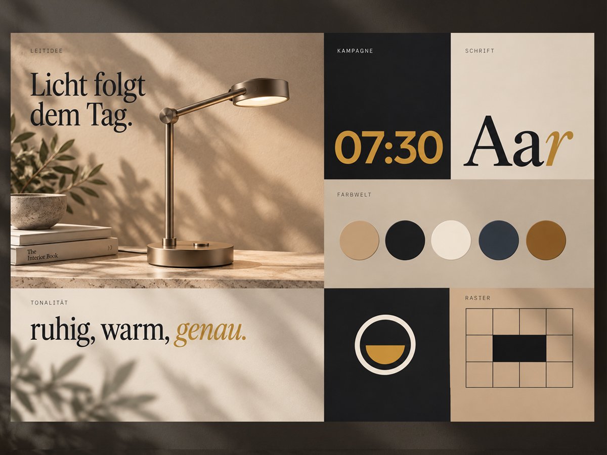 Mood board for a desk lamp with key message, colours, typeface and grid