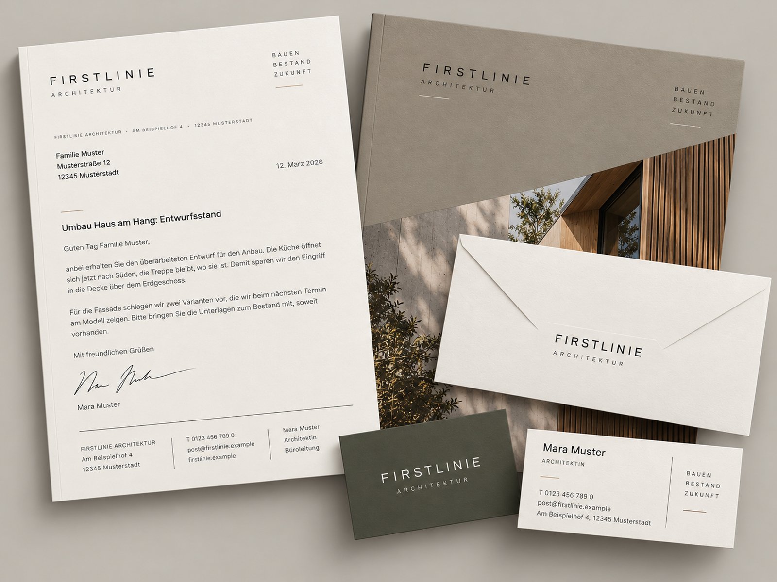 Letterhead, envelope, folder and business cards of an architecture firm