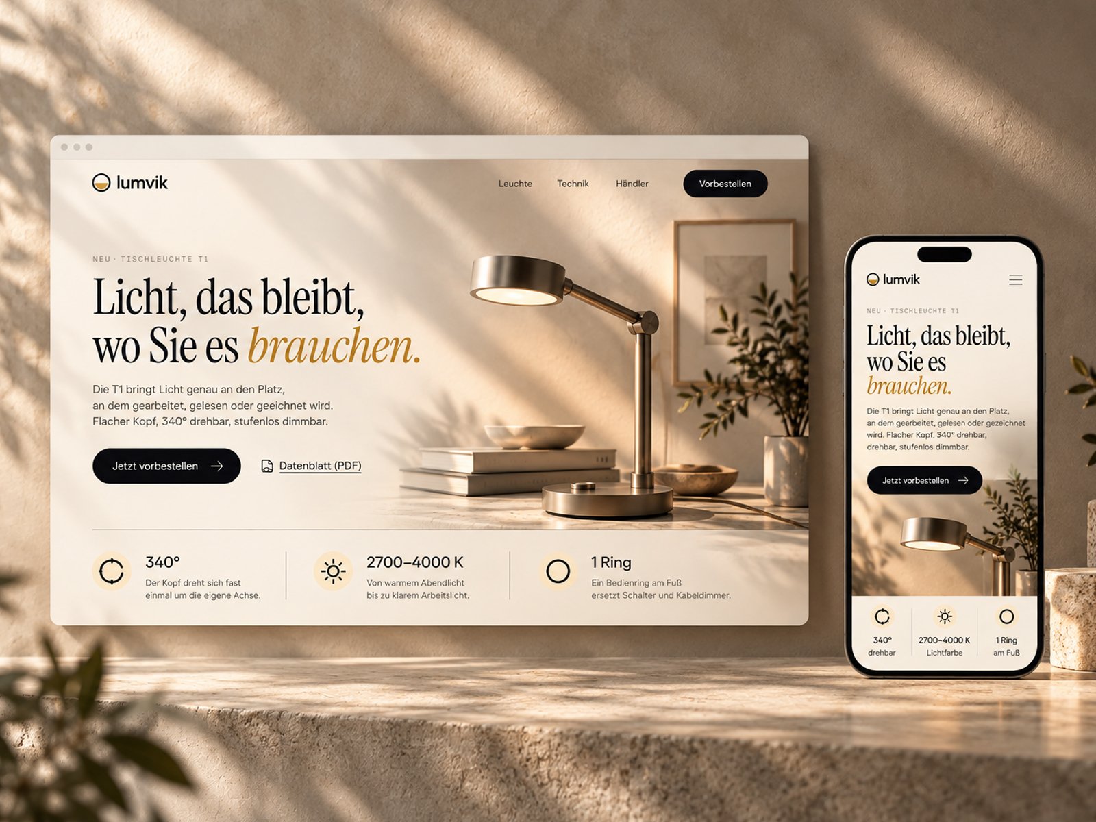 Page d’atterrissage pour une lampe de table sur ordinateur et smartphone