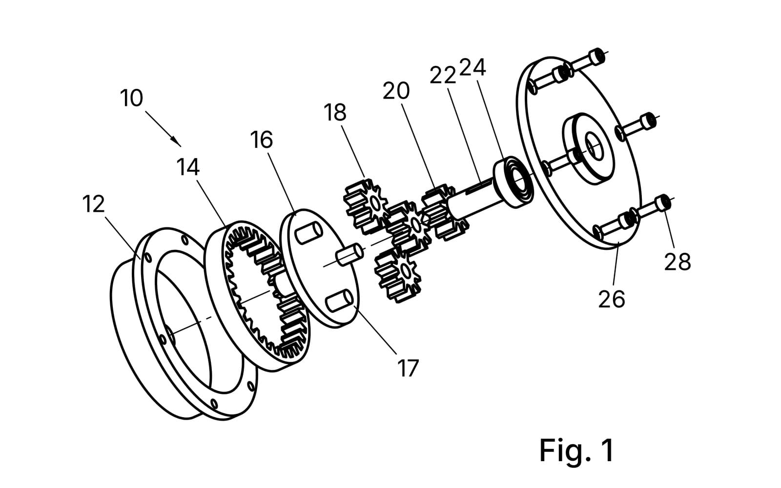 Finished patent drawing: exploded view of a planetary gearbox with reference signs
