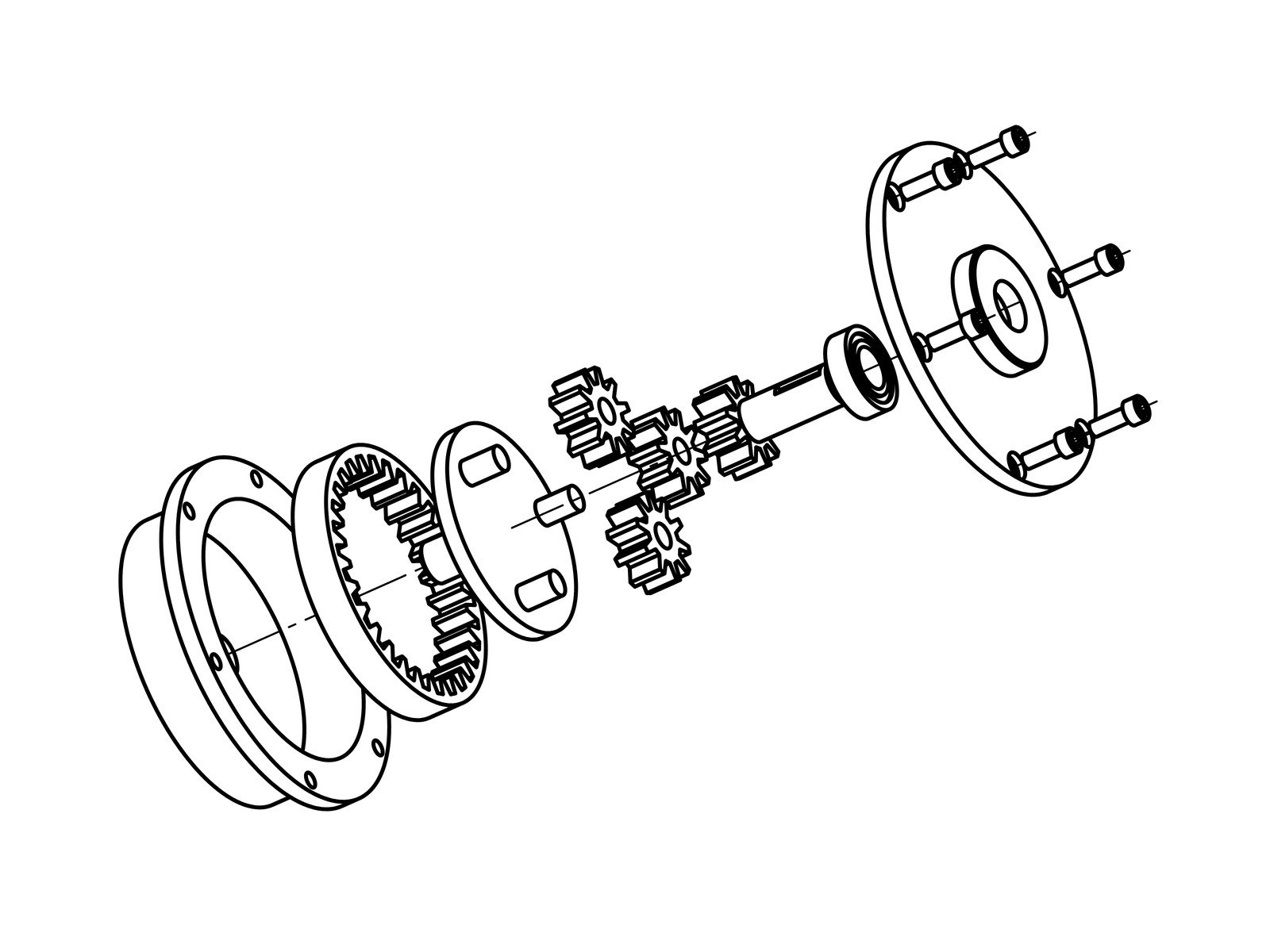 Planetary gearbox in exploded view as a patent drawing