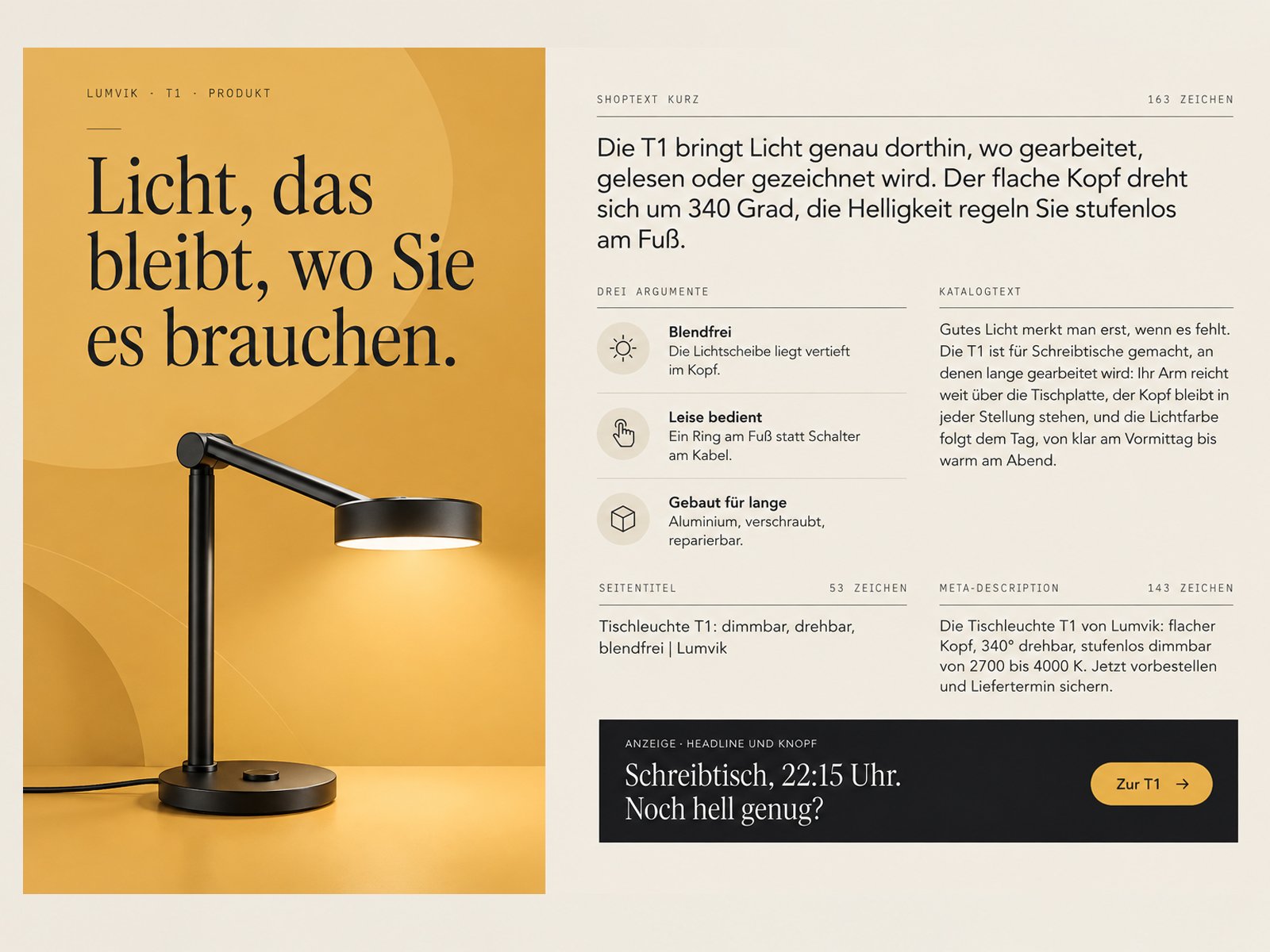Product copy for a table lamp: tagline, shop text and catalogue text