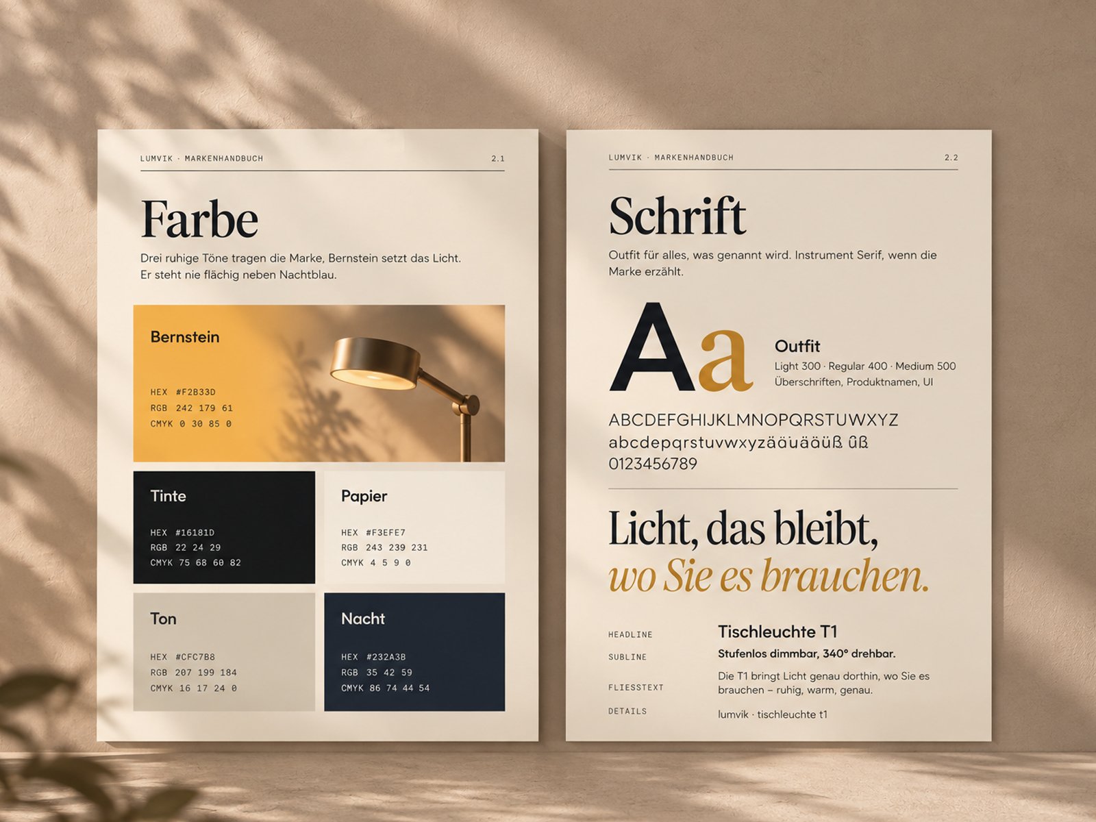 Spread from a brand manual with colours and typefaces