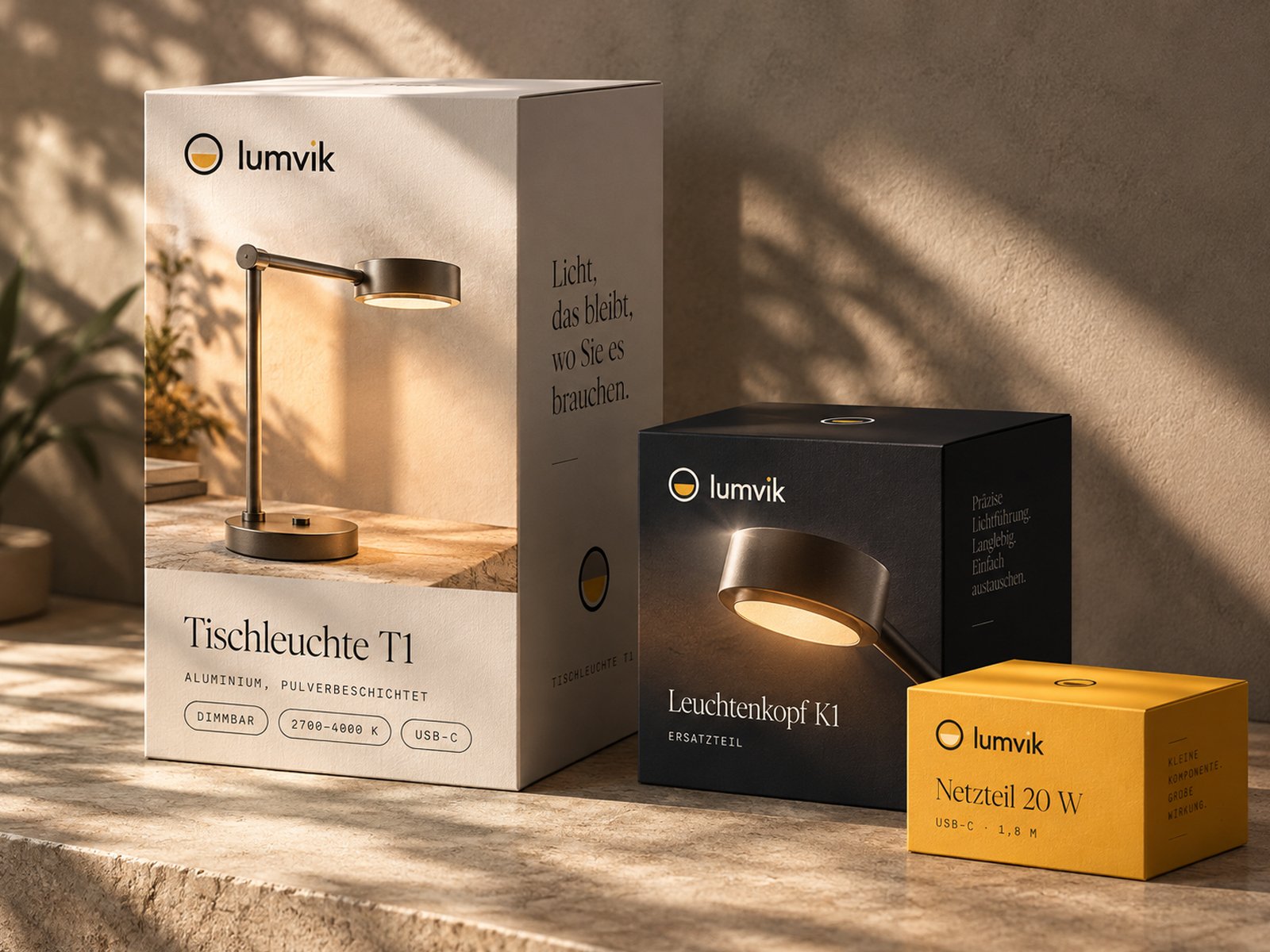 Three packages of a lighting brand