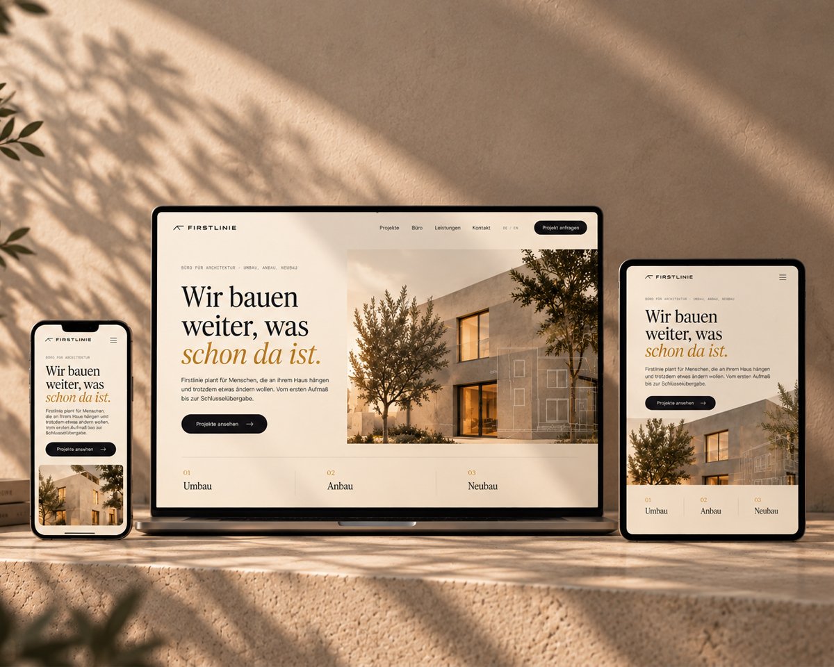 Site web d’un cabinet d’architecture sur ordinateur portable, tablette et smartphone