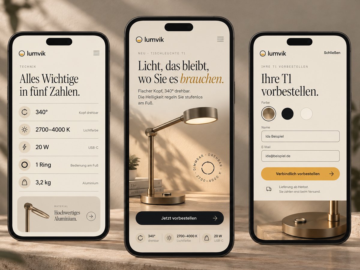 Website of a lighting brand on three smartphones