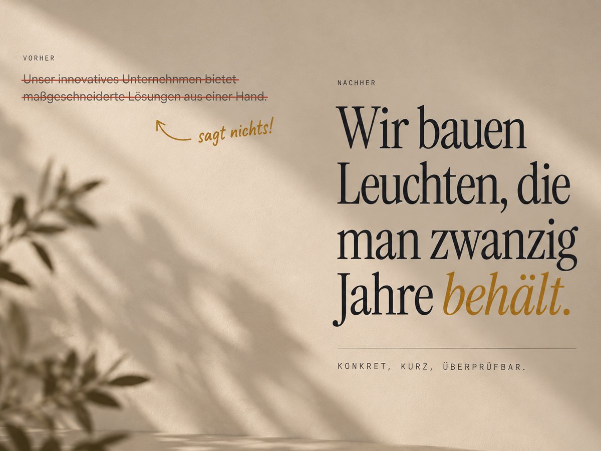 Copy before and after: struck-out sentence and new tagline for a lighting brand
